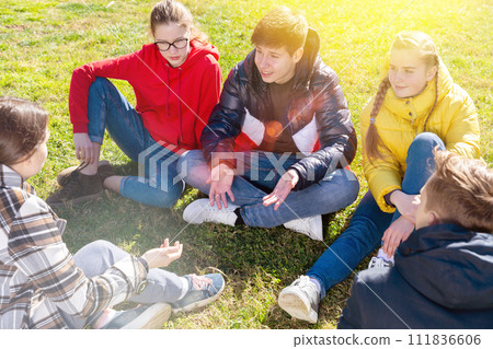 Group of teenagers chatting while sitting on green lawn Group of teenagers chatting while sitting on green lawn 111836606