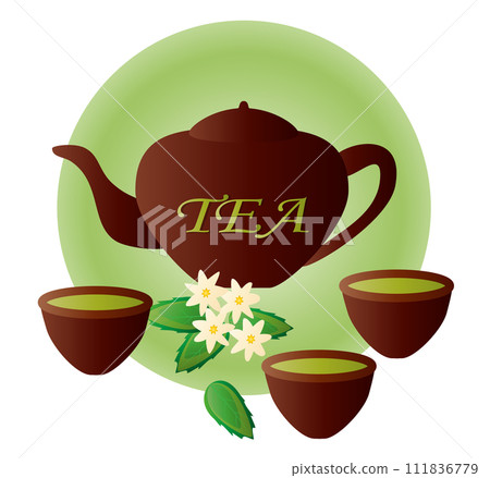 Vintage tea kettle with cup. Rustic teapot with teacup, leaves composition. Colored flat vector illustration isolated on white background Vintage tea kettle with cup. Rustic teapot with teacup, leaves composition. Colored flat vector illustration isolated on white background 111836779