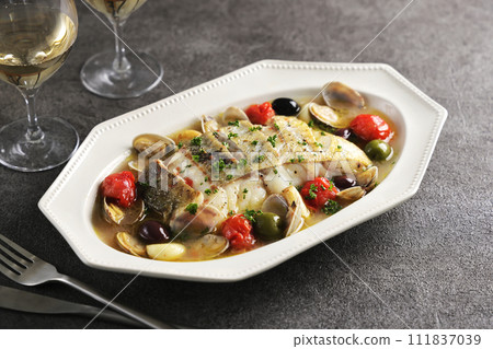 Aqua pazza with cod and clams Aqua pazza with cod and clams 111837039