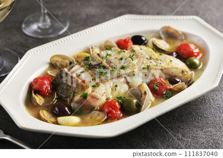 Aqua pazza with cod and clams Aqua pazza with cod and clams 111837040