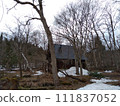 長野縣有殘雪的木屋和花園1 111837052