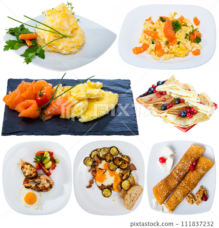 View of many plates with different food over white background 111837232