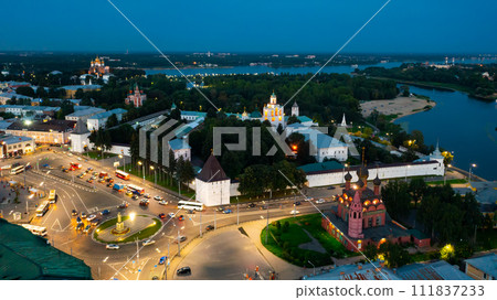 Aerial view of Yaroslavl on Volga overlooking Transfiguration monastery and Epiphany church at twilight 111837233