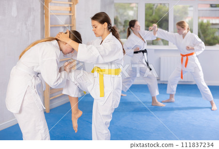 Pairs classes in judo or jiu jitsu - two teenage girls practice grabbing and throwing on sports mats 111837234