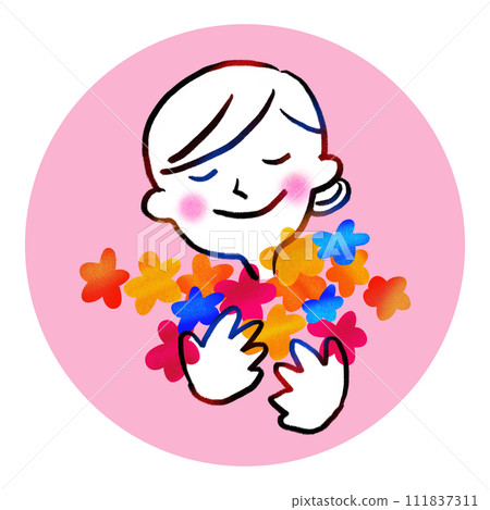 Illustration material of a woman hugging flowers and smiling Illustration material of a woman hugging flowers and smiling 111837311