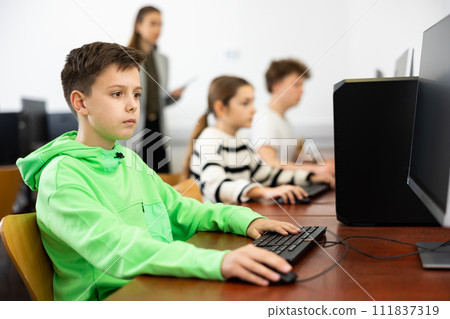 Young boy learning to use personal computer during lesson 111837319