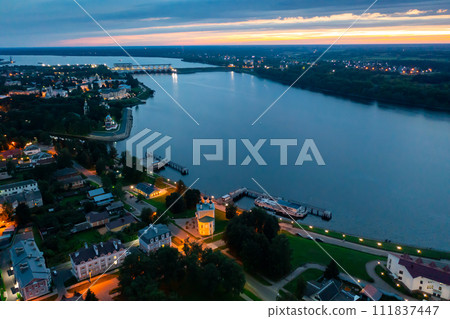 Aerial view of Russian town of Uglich on Volga in summer evening Aerial view of Russian town of Uglich on Volga in summer evening 111837447