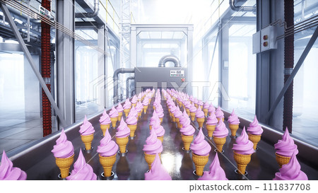 Ice cream production line. Factory. 3d rendering. Ice cream production line. Factory. 3d rendering. 111837708