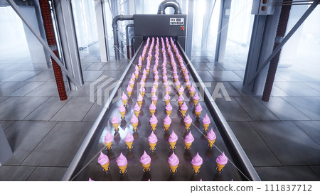 Ice cream production line. Factory. 3d rendering. Ice cream production line. Factory. 3d rendering. 111837712