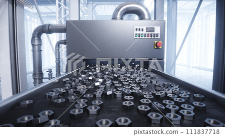 Metallic nut process production. Factory, production line. 3d rendering. Metallic nut process production. Factory, production line. 3d rendering. 111837718