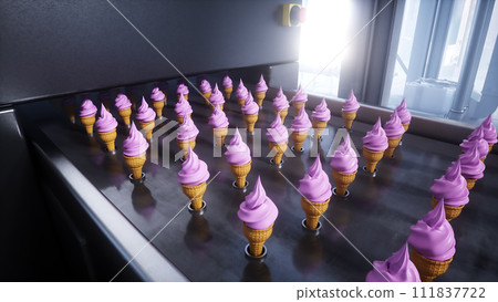 Ice cream production line. Factory. 3d rendering. Ice cream production line. Factory. 3d rendering. 111837722