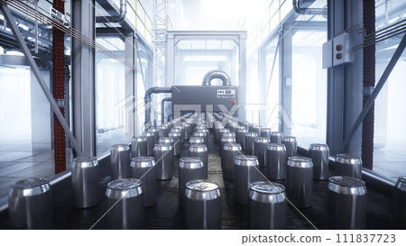 food metallic jar. Factory. Production line. 3d rendering. food metallic jar. Factory. Production line. 3d rendering. 111837723
