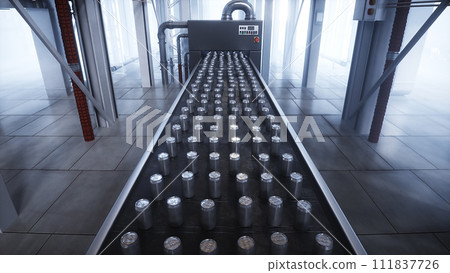 food metallic jar. Factory. Production line. 3d rendering. 111837726