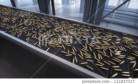 Bullet production, factory. Production line. War concept. 3d rendering Bullet production, factory. Production line. War concept. 3d rendering 111837727