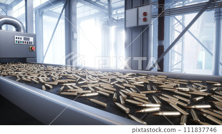 Bullet production, factory. Production line. War concept. 3d rendering Bullet production, factory. Production line. War concept. 3d rendering 111837746