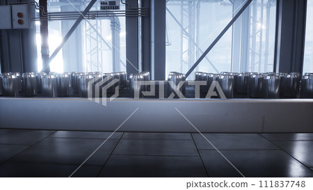 food metallic jar. Factory. Production line. 3d rendering. food metallic jar. Factory. Production line. 3d rendering. 111837748