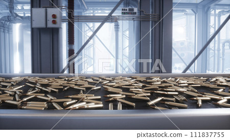Bullet production, factory. Production line. War concept. 3d rendering 111837755