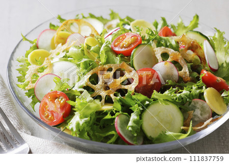 Salad with lotus root, tomato, and lettuce Salad with lotus root, tomato, and lettuce 111837759