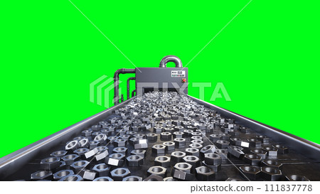 Metallic nut process production. Factory, production line. 3d rendering. 111837778