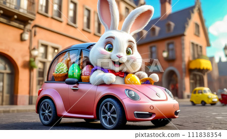 A cute and cheerful Easter bunny is carrying Easter eggs and sweets in a car A cute and cheerful Easter bunny is carrying Easter eggs and sweets in a car 111838354