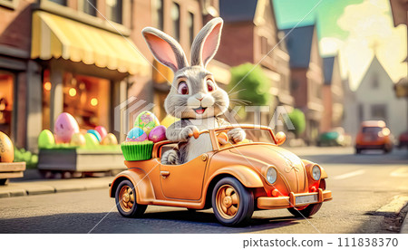 A cute and cheerful Easter bunny is carrying Easter eggs and sweets in a car 111838370