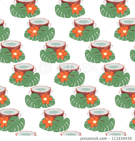 Colorful seamless pattern of half a fresh coconut with flower and monstera leaves in cartoon style Colorful seamless pattern of half a fresh coconut with flower and monstera leaves in cartoon style 111838430