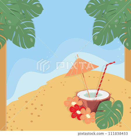 Drink in half coconut with cocktail straw, umbrella inside, flowers and monstera leaf on the beach Drink in half coconut with cocktail straw, umbrella inside, flowers and monstera leaf on the beach 111838433