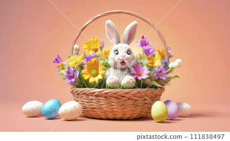 A cute and cheerful Easter bunny sits in a basket with Easter eggs and sweets A cute and cheerful Easter bunny sits in a basket with Easter eggs and sweets 111838497