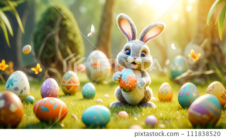 A cute and cheerful Easter bunny sits on a green lawn surrounded by Easter eggs and sweets 111838520