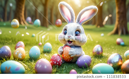 A cute and cheerful Easter bunny sits on a green lawn surrounded by Easter eggs and sweets A cute and cheerful Easter bunny sits on a green lawn surrounded by Easter eggs and sweets 111838533