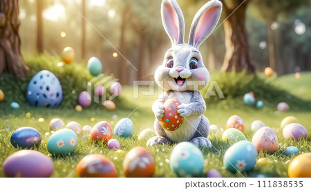 A cute and cheerful Easter bunny sits on a green lawn surrounded by Easter eggs and sweets A cute and cheerful Easter bunny sits on a green lawn surrounded by Easter eggs and sweets 111838535