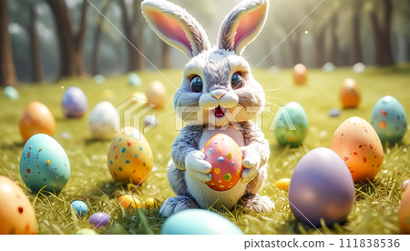 A cute and cheerful Easter bunny sits on a green lawn surrounded by Easter eggs and sweets A cute and cheerful Easter bunny sits on a green lawn surrounded by Easter eggs and sweets 111838536