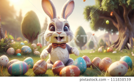 A cute and cheerful Easter bunny sits on a green lawn surrounded by Easter eggs and sweets A cute and cheerful Easter bunny sits on a green lawn surrounded by Easter eggs and sweets 111838539