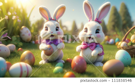 Several cute Easter bunnies are sitting on the lawn surrounded by Easter eggs and sweets. Several cute Easter bunnies are sitting on the lawn surrounded by Easter eggs and sweets. 111838546