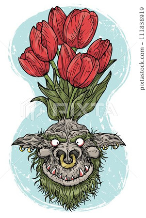 Hand drawn colorful vector illustration with engraved funny demon or gnome face as root of beautiful spring flower of Tulip isolated on white, garden fantasy concept Hand drawn colorful vector illustration with engraved funny demon or gnome face as root of beautiful spring flower of Tulip isolated on white, garden fantasy concept 111838919