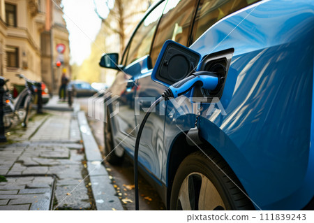 AI-generated content. An electric car is being charged as it is connected to a charging station. AI-generated content. An electric car is being charged as it is connected to a charging station. 111839243