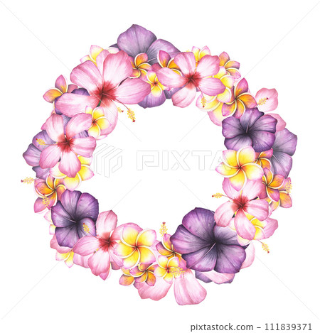 Wreath frame pink violet hibiscus, plumeria flower isolated on white background. Watercolor hand drawn frangipani botanical illustration. Art for design banner, poster, cosmetic, relaxation, template Wreath frame pink violet hibiscus, plumeria flower isolated on white background. Watercolor hand drawn frangipani botanical illustration. Art for design banner, poster, cosmetic, relaxation, template 111839371