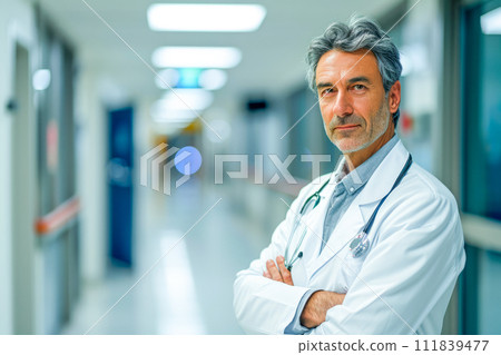 AI-generated content. A doctor wearing a white lab coat stands in a hospital hallway. 111839477