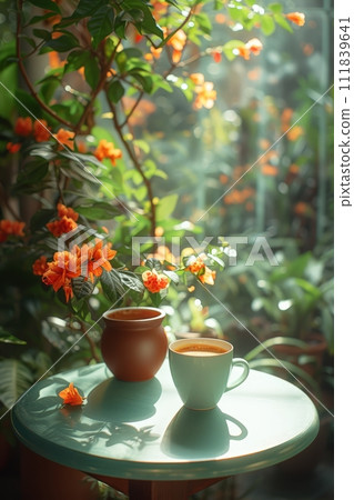 AI-generated content. Coffee break in cozy cafe and natural background. 111839641