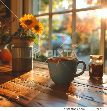 AI-generated content. Coffee break in cozy cafe and natural background. 111839743