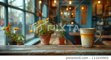 AI-generated content. Coffee break in cozy cafe and natural background. 111839909