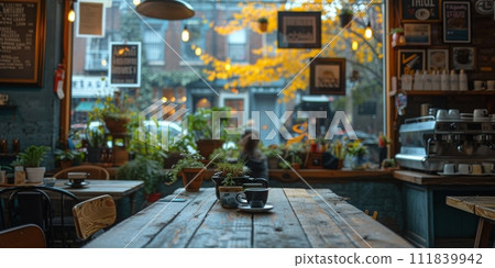 AI-generated content. Coffee break in cozy cafe and natural background. AI-generated content. Coffee break in cozy cafe and natural background. 111839942