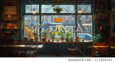 AI-generated content. Coffee break in cozy cafe and natural background. 111840107