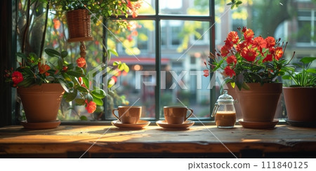 AI-generated content. Coffee break in cozy cafe and natural background. 111840125