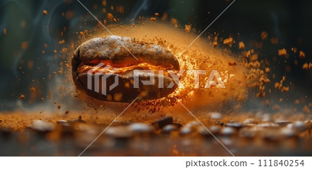 AI-generated content. Extreme macro photography of fresh roasted coffee beans ground. 111840254