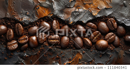 AI-generated content. Extreme macro photography of fresh roasted coffee beans ground. 111840341