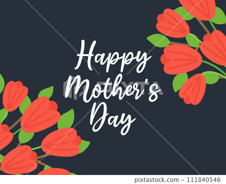 World Mother's Day card with red tulips. Hand drawn flat cartoon elements. Vector illustration 111840546