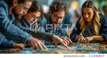 AI-generated content. Group of business people assembling jigsaw puzzle and represent team support and help concept 111840637