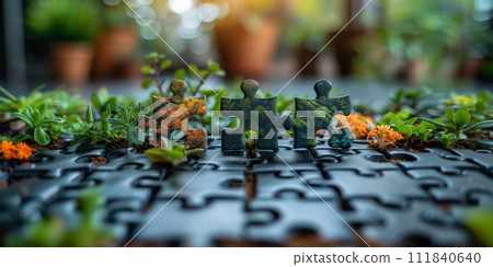 AI-generated content. Group of business people assembling jigsaw puzzle and represent team support and help concept 111840640