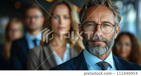 AI-generated content. Image of business man and partners or team with modern office. 111840954